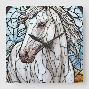 Wit Paard glas in lood Vierkante Klok