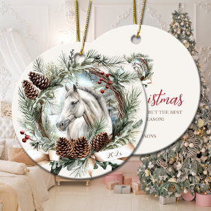 Wit paard grijs paard Kerstmis pinecone krans Keramisch Ornament