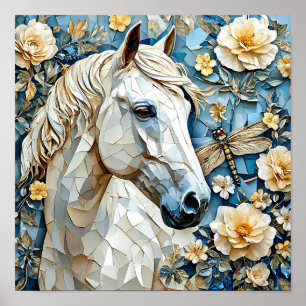 Wit Paard in Bloeiende Bloemen Elegante Natuur Poster