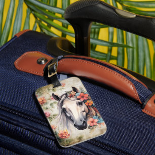 Wit paard in bloemen. bagagelabel