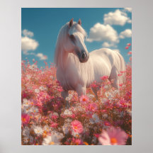 Wit paard in een veld vol bloesems