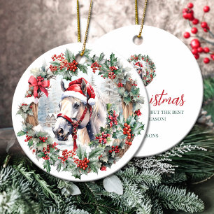 Wit paard Kerstmis holly bessen krans Keramisch Ornament