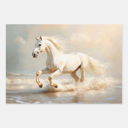 Wit paard loopt op het strand Decoupage Inpakpapier Vel (Voorkant)