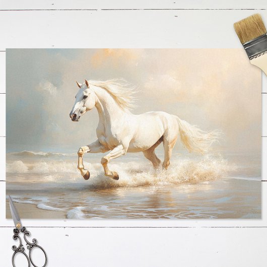 Wit paard loopt op het strand Decoupage Tissuepapier