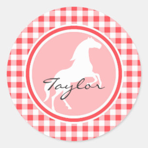 Wit Paard; Rood en Wit Gingham Ronde Sticker