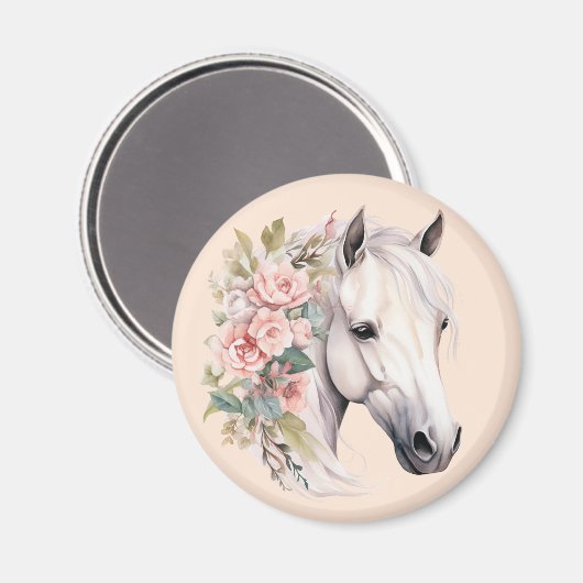 wit paard roze bloemen elegant grillig magneet (Voorkant / Achterkant)