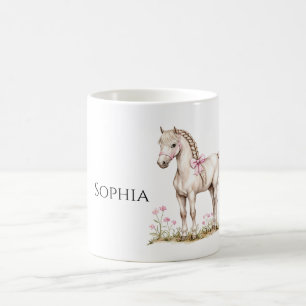 Wit Paard Roze Strik Bloemen Koffiemok