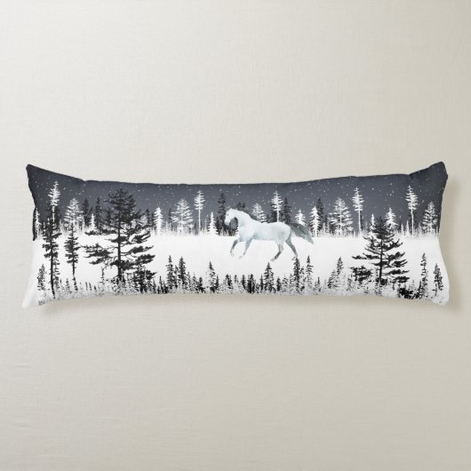 Wit paard Snowy Night Eastern Pine Tree Forest Lichaamskussen (Voorkant)