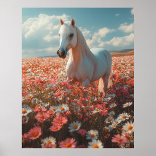 Wit paard te midden van een bloeiende weide poster