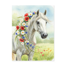 Wit Paard Wilde Bloemen Waterverf Bloem Postkaart
