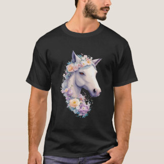 Wit Paardenportret met Bloemen Koe Paard Ri T-shirt