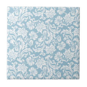 Wit & Pastel+blauw  Bloemen Damasks Tegeltje