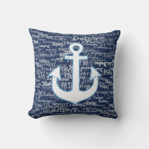Wit patroon van namen & boot anker, op blauw buitenkussen
