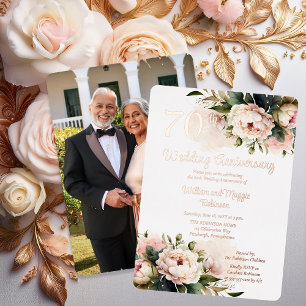 Wit  Pink Peonies 70th Wedding Jubileum Party Folie Uitnodiging