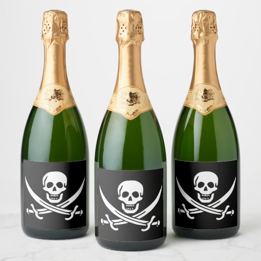 Wit, Piraat Vlag Calico Jack, Schedel & Cutlass Sparkling Wijnetiket (Flessen)