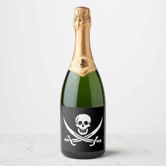 Wit, Piraat Vlag Calico Jack, Schedel & Cutlass Sparkling Wijnetiket (Voorkant)