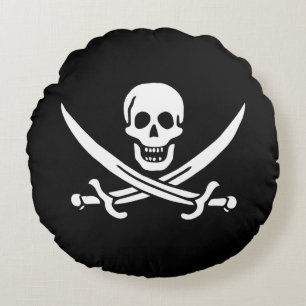 Wit, Piratenvlag Calico Jack, Schedel & Sabel Rond Kussen