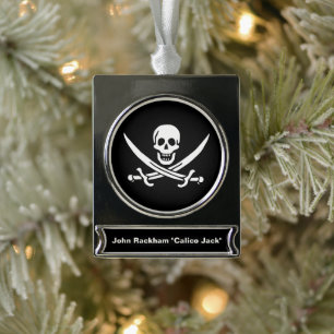 Wit, Piratenvlag Calico Jack, Schedel & Sabel Verzilverd Banner Ornament