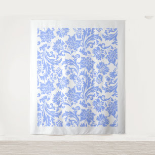 Wit poederblauw  floraal damast patroon wandkleed