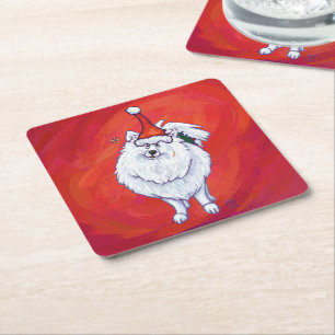 Wit Pommerse in Santa Hat op Rood Vierkante Kartonnen Onderzetter