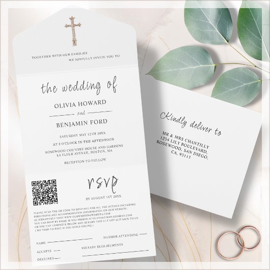 Wit Religieus | QR-code bruiloft All In One Uitnodiging