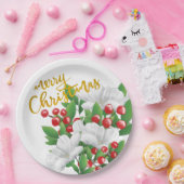 Wit Rood Groen Bloemengoud Vrolijk Kerstfeest Papieren Bordje (Feest)