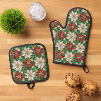 Wit rood groen goud poinsettia ovenwant & pannenlap set