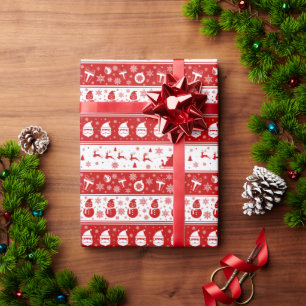 Wit & Rood Santa Gezicht en Sneeuwmanpatroon Cadeaupapier