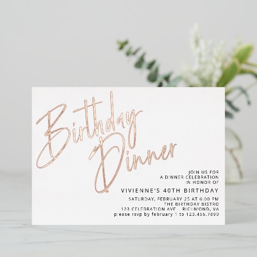 Wit & Roos Goud | Eenvoudig elegant verjaardagsdin Folie Uitnodiging (Staand Voorkant)