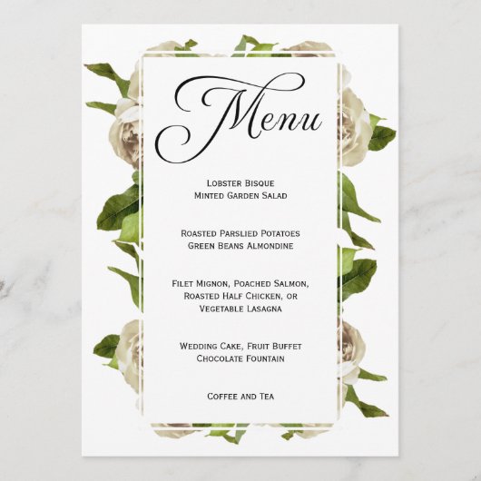 Wit Rose Boeket Bloemen Bruiloft Menu (Voorkant)