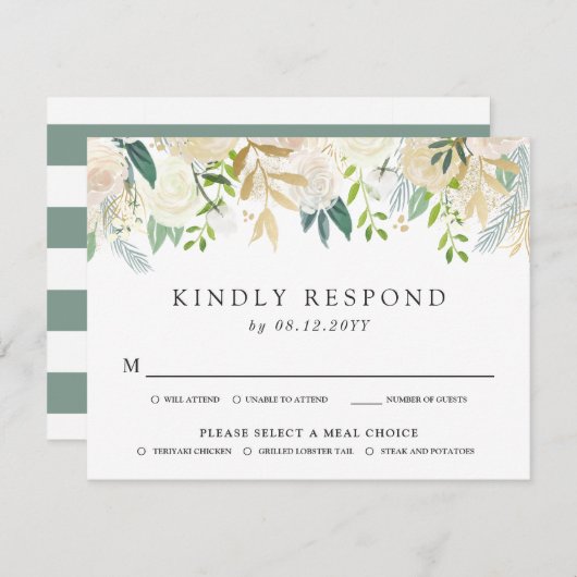 Wit Rose Boeket | Gestreepte RSVP (Voorkant / Achterkant)