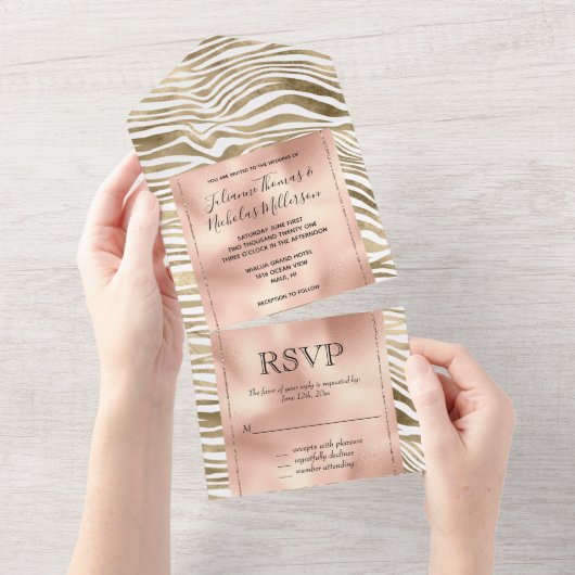 Wit Rose Gold Zebra Dierenprint All In One Uitnodiging (Afscheurbaar)