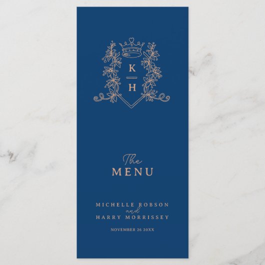Wit rose goud blauw kroon kuif monogram bruiloft menu (Voorkant)