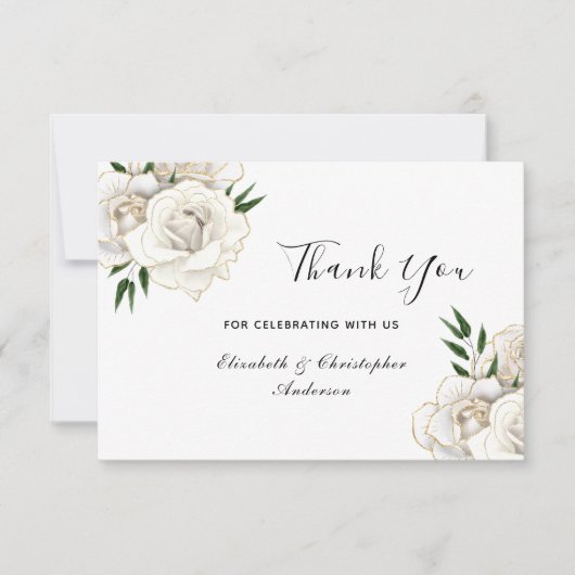 Wit Rose Goud Bloemen Elegante Bruiloft Bedankkaart (Voorkant)