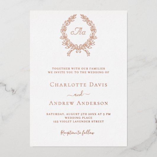 Wit rose gouden krans monogram bruiloft folie uitnodiging (Voorkant)