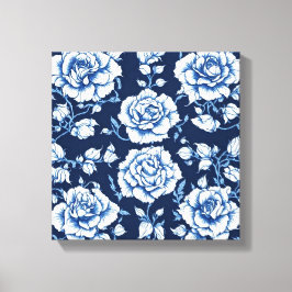 Wit Rose Pattern & Royal Blue Achtergrond Art Canvas Afdruk