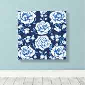 Wit Rose Pattern & Royal Blue Achtergrond Art Canvas Afdruk (Insitu (Houten vloer))