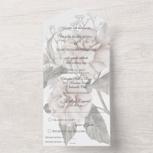 Wit Rose Silhouet met Diner Opties All In One Uitnodiging (Binnen)