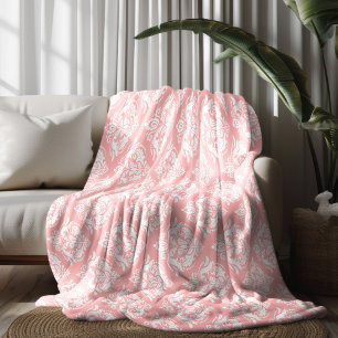 Wit & Roze Bloemendamask Patroon Fleece Deken