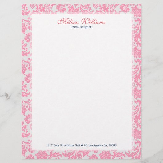 Wit & Roze Damaskepatroon Gepersonaliseerd Briefhoofd (Voorkant)