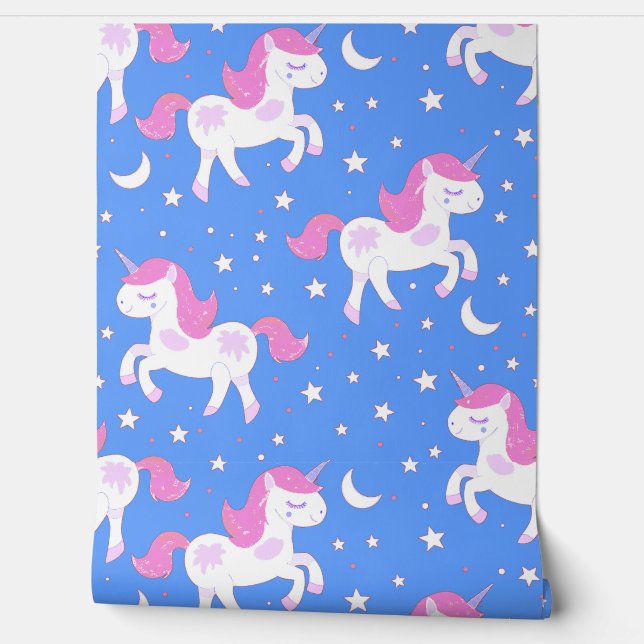 Wit Roze Eenhoorns Sterren op Blauw Behang (Afrollen)