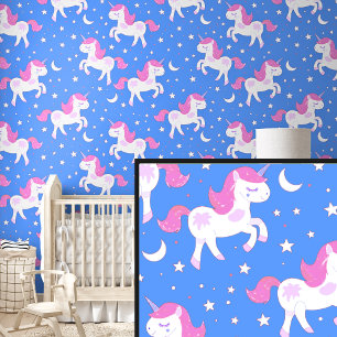 Wit Roze Eenhoorns Sterren op Blauw Behang