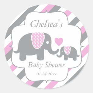 Wit, Roze en Grijze Baby shower Elephants Ronde Sticker