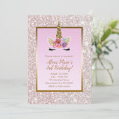 Wit Roze Glitter Gouden Eenhoorn Verjaardagsfeest Kaart (Staand voorkant)