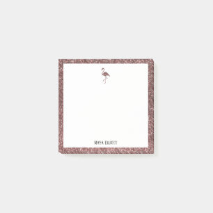 Wit + Roze Goud Glitter Flamingo & Rand, Naam Post-it® Notes
