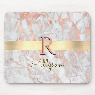 Wit & Roze Goud Marmer, Gouden Balk Naam & Monogra Muismat