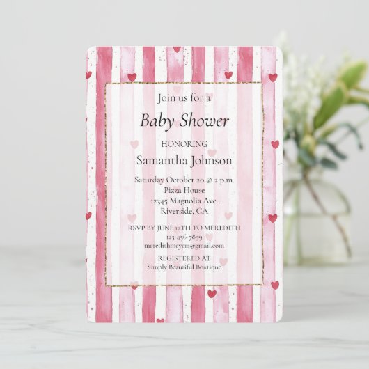 Wit Roze Hart Stripes Baby shower Kaart (Staand voorkant)