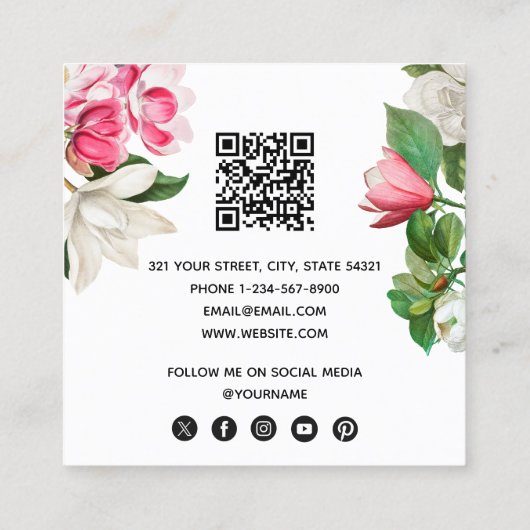 Wit & Roze Magnolia Flowers QR Code Vierkante Visitekaartje (Achterkant)