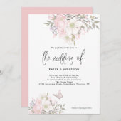 Wit Roze Magnolia Vlinder Script Bruiloft Kaart (Voorkant / Achterkant)