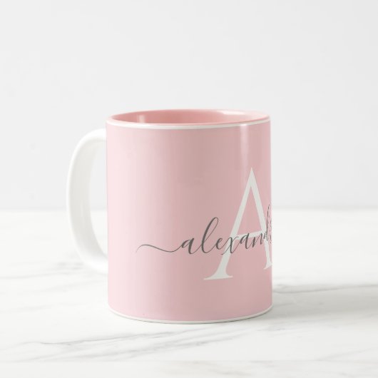 Wit Roze Naam Initiaal Monogram Elegant Script Tweekleurige Koffiemok (Voorkant links)